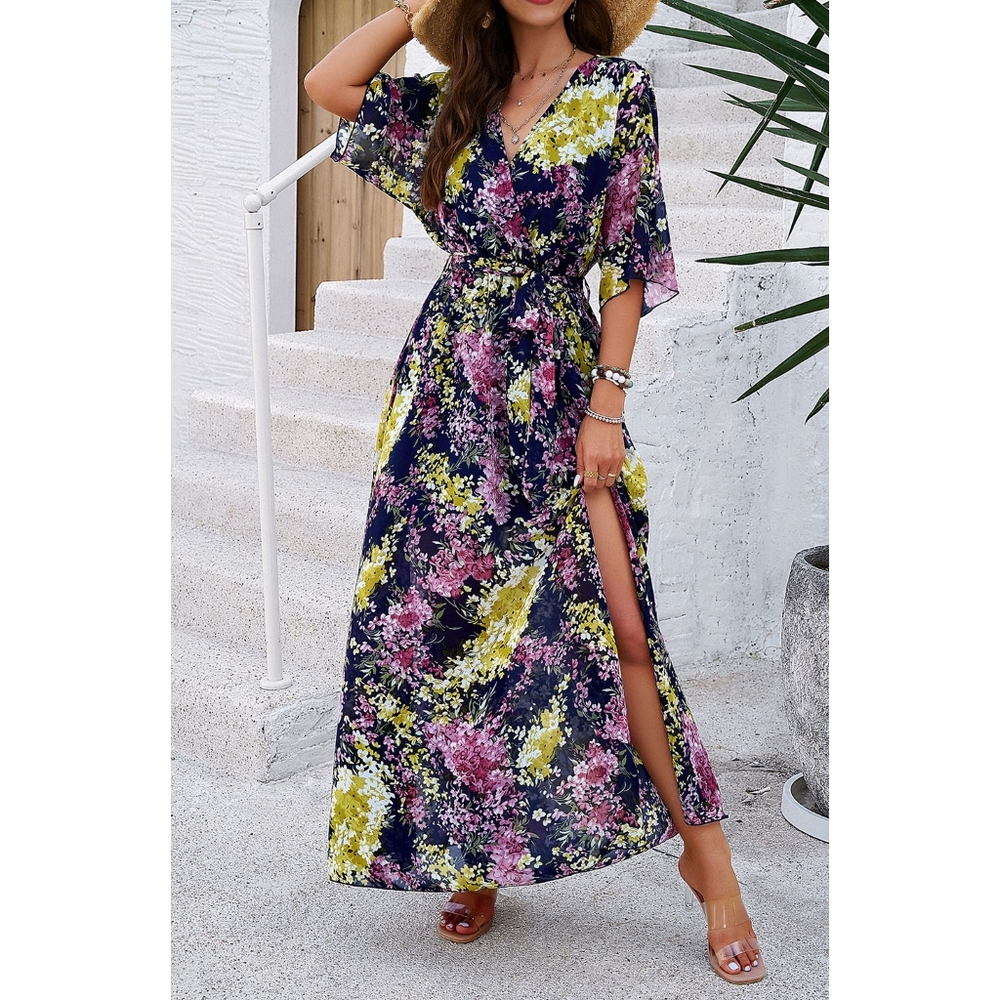 Blue Printed Half Sleeve Slit Dress